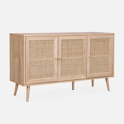 Aparador com efeito de madeira e cana de 3 portas, 120 cm