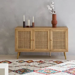 Aparador com efeito de madeira e cana de 3 portas, 120 cm