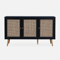 Aparador com efeito de madeira e cana de 3 portas, 120 cm