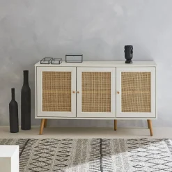 Aparador com efeito de madeira e cana de 3 portas, 120 cm