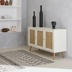 Aparador com efeito de madeira e cana de 3 portas, 120 cm