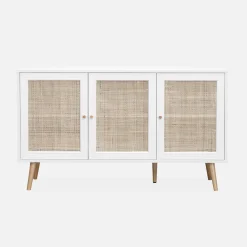 Aparador com efeito de madeira e cana de 3 portas, 120 cm