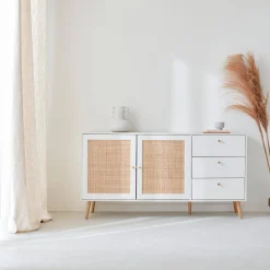 Aparador com efeito de madeira e cana de 2 portas, 150cm