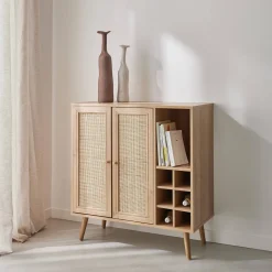 Aparador com suporte para garrafas, decoração em vime e madeira, 83cm
