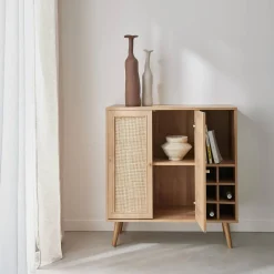 Aparador com suporte para garrafas, decoração em vime e madeira, 83cm
