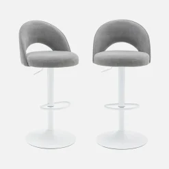 Banco alto de cozinha ajustável metal e tecido com base branca, set de 2