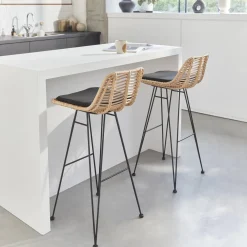 Banco alto de cozinha em metal e rotim, set de 2