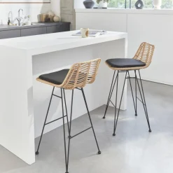 Banco alto de cozinha em metal e rattan, set de 2