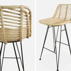 Banco alto de cozinha em metal e rattan, set de 2