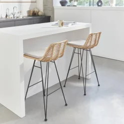 Banco alto de cozinha em metal e rotim, set de 2