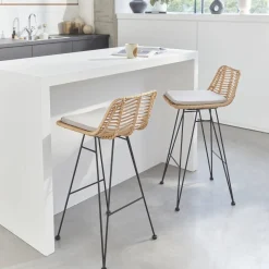 Banco alto de cozinha em metal e rotim, set de 2