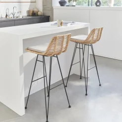 Banco alto de cozinha em metal e rotim, set de 2