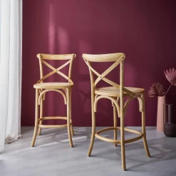 Banco alto de cozinha estilo bistrô em madeira, 65cm, set de 2