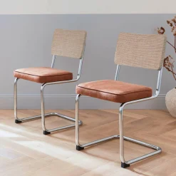 Cadeira cantilever em tecido e efeito rattan, set de 2