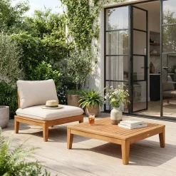 Cadeira de jardim com mesa de centro em madeira de acácia