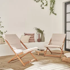 Cadeira de jardim de madeira dobrável com assento almofadado, conjunto de 2