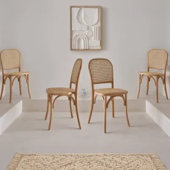Cadeira vintage em madeira e revestida em rattan, set de 4