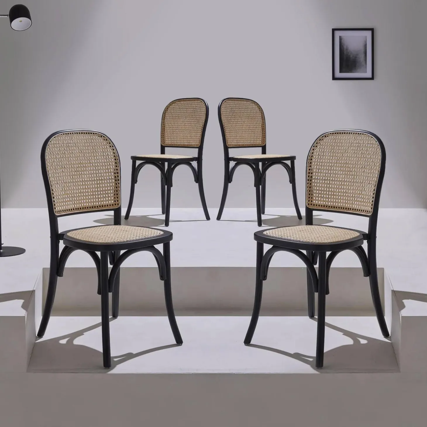 Cadeira vintage em madeira e revestida em rattan, set de 4
