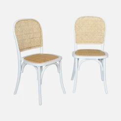 Cadeira vintage em madeira e revestida em rattan, set de 2