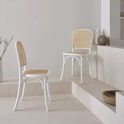 Cadeira vintage em madeira e revestida em rattan, set de 2