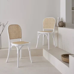 Cadeira vintage em madeira e revestida em rattan, set de 2