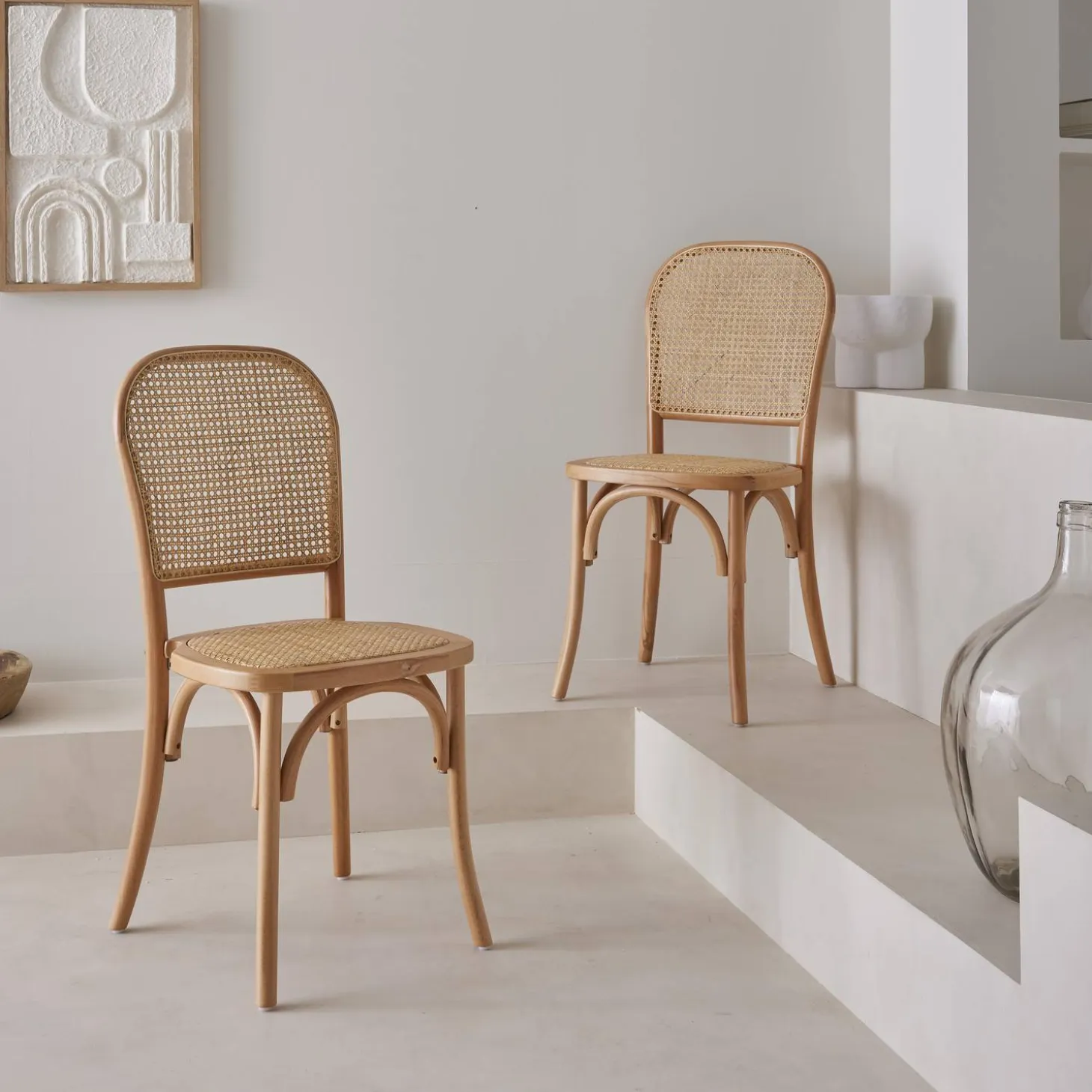 Cadeira vintage em madeira e revestida em rattan, set de 2