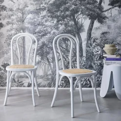 Cadeira vintage em madeira e revestida em rattan, set de 2