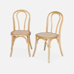 Cadeira vintage em madeira e revestida em rattan, set de 2