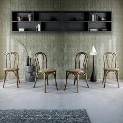 Cadeira vintage em madeira e revestida em rattan, set de 4