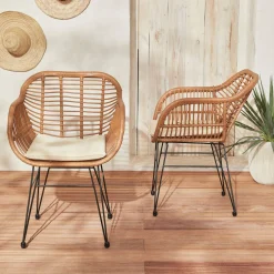 Cadeirão em resina e metal com efeito rattan, set de 2