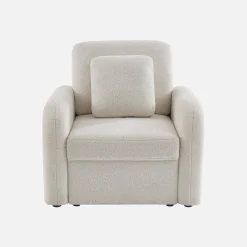 Cadeirão em tecido boucle branco, linhas arredondadas