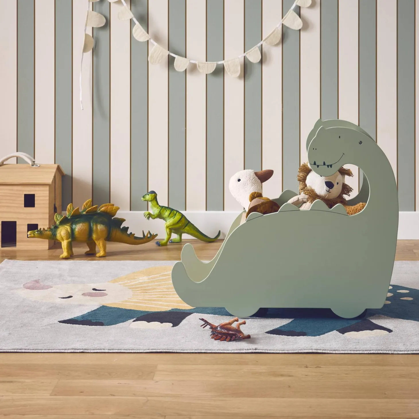 Caixa de brinquedos com rodas para crianças dinossauros