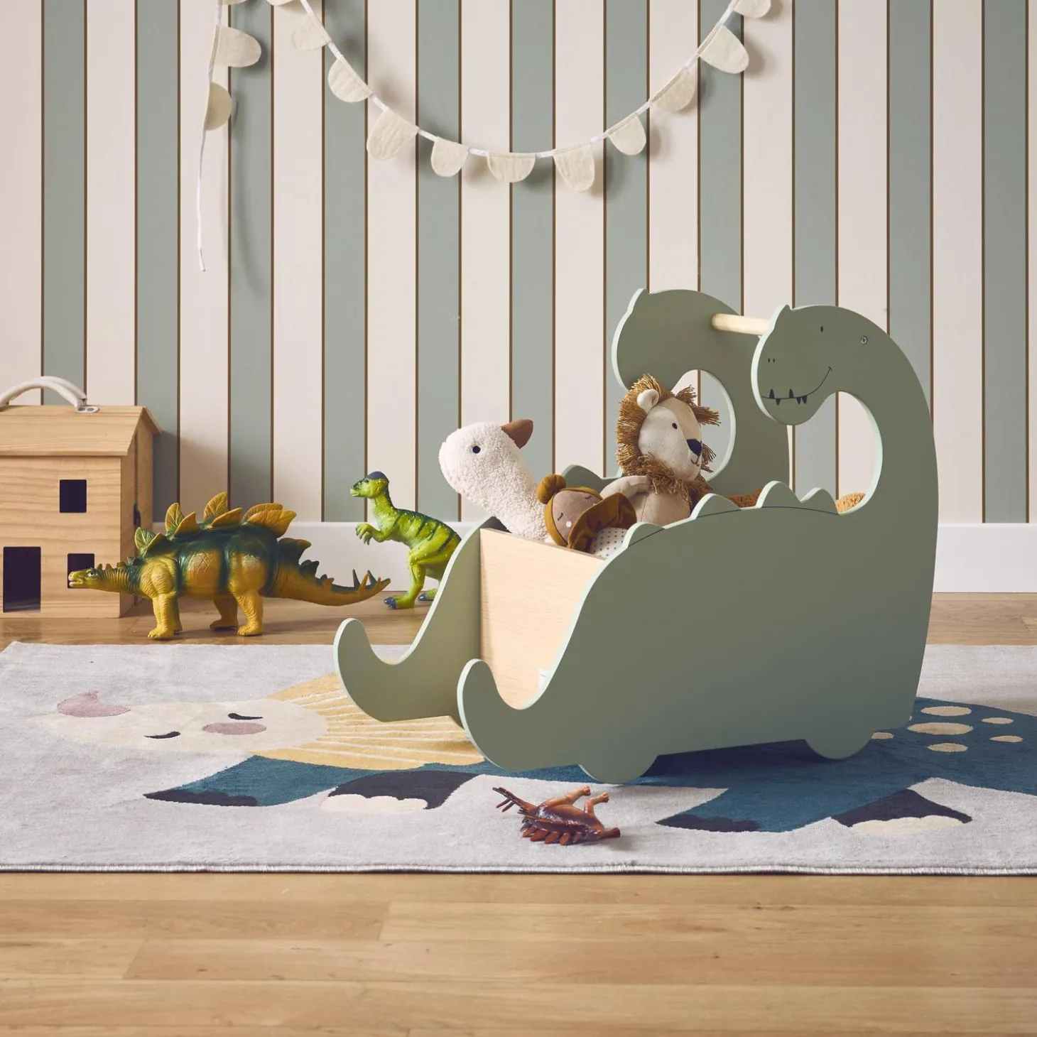 Caixa de brinquedos com rodas para crianças dinossauros
