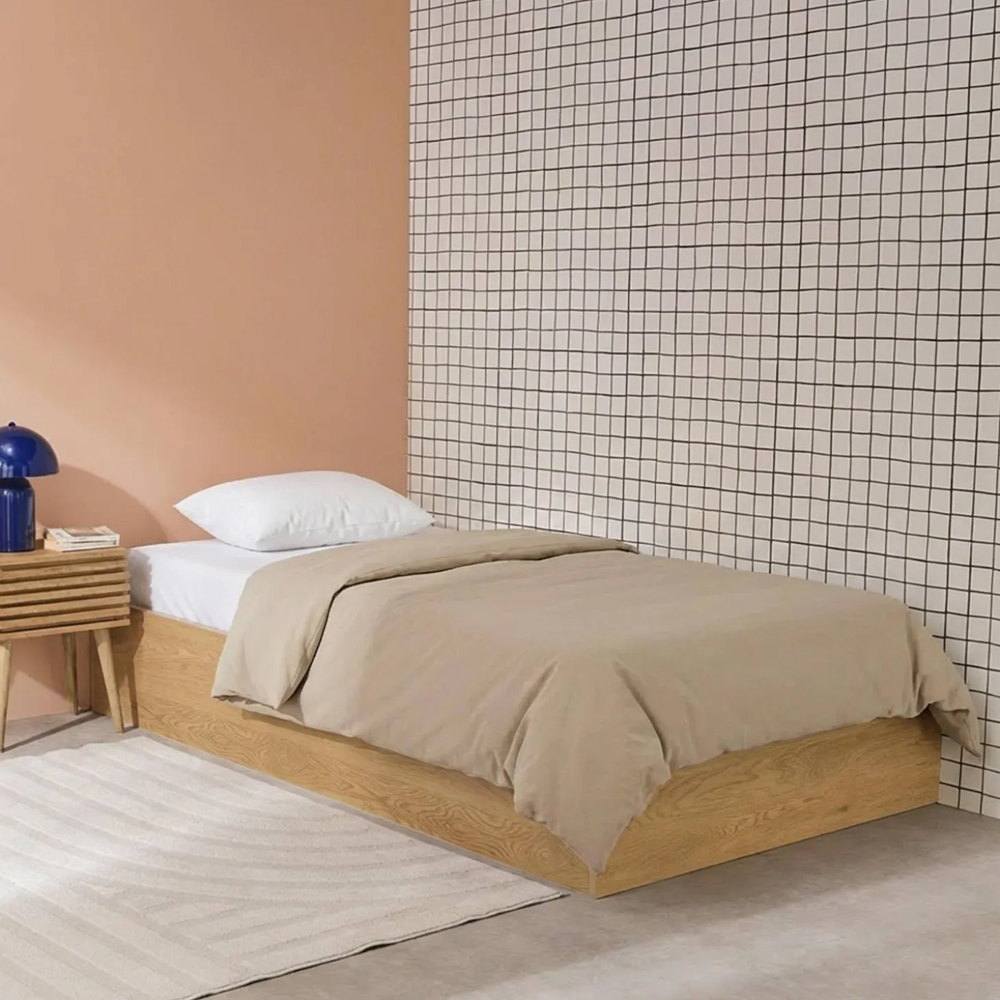 Cama baú com estrado de ripas decoração em madeira, 90x190cm