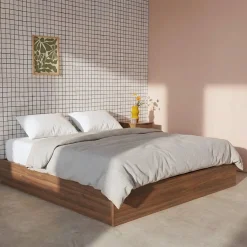 Cama baú com estrado de ripas decoração em madeira, 160x200cm