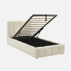 Cama baú com estrado de ripas e cabeceira 90x190cm, acabamento boucle