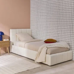 Cama baú com estrado de ripas e cabeceira 90x190cm, acabamento boucle