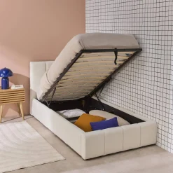 Cama baú com estrado de ripas e cabeceira 90x190cm, acabamento boucle