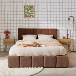 Cama baú com estrado de ripas e cabeceira 140cm, acabamento boucle