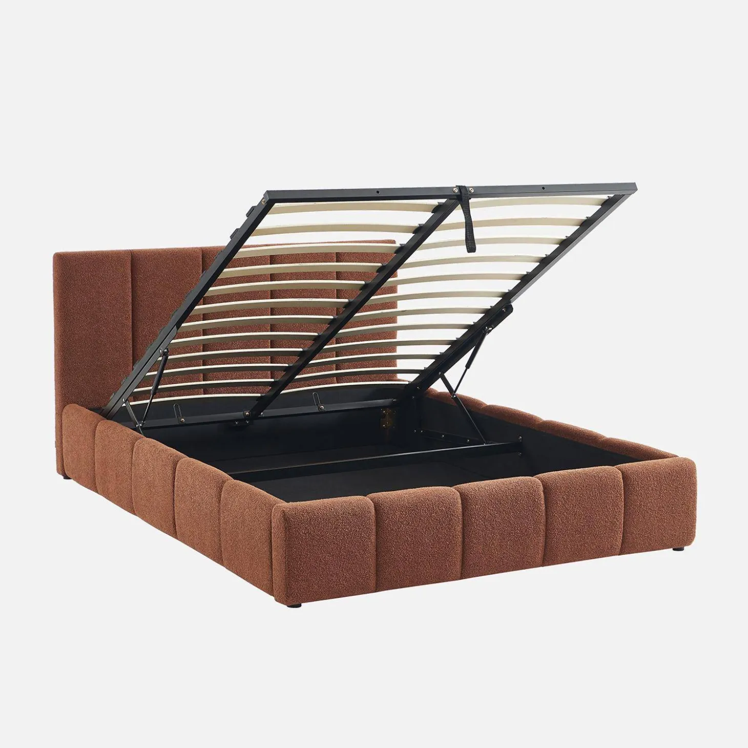 Cama baú com estrado de ripas e cabeceira 140cm, acabamento boucle