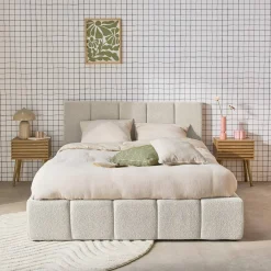 Cama baú com estrado de ripas e cabeceira 160x200cm, acabado em boucle