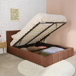 Cama baú com estrado de ripas e cabeceira 160x200cm, acabado em boucle