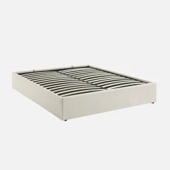Cama com base de ripas, acabamento boucle, branco