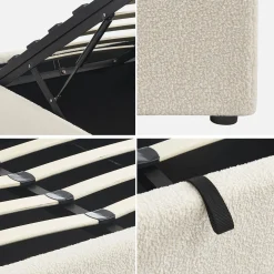 Cama com base de ripas, acabamento boucle, branco
