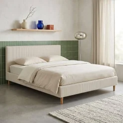 Cama com base de ripas e cabeceira 160x200cm, em veludo canelado fino