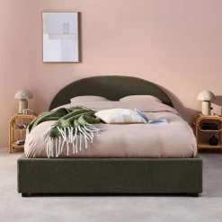 Cama com base de ripas e cabeceira 160x200cm, acabamento boucle
