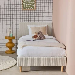 Cama com base de ripas e cabeceira 90x190cm, em veludo canelado fino