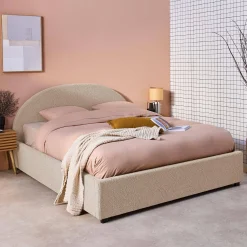 Cama com base de ripas e cabeceira 140x190cm, acabamento boucle