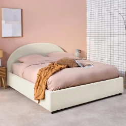 Cama com base de ripas e cabeceira 160x200cm, acabamento boucle