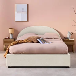 Cama com base de ripas e cabeceira 140x190cm, acabamento boucle